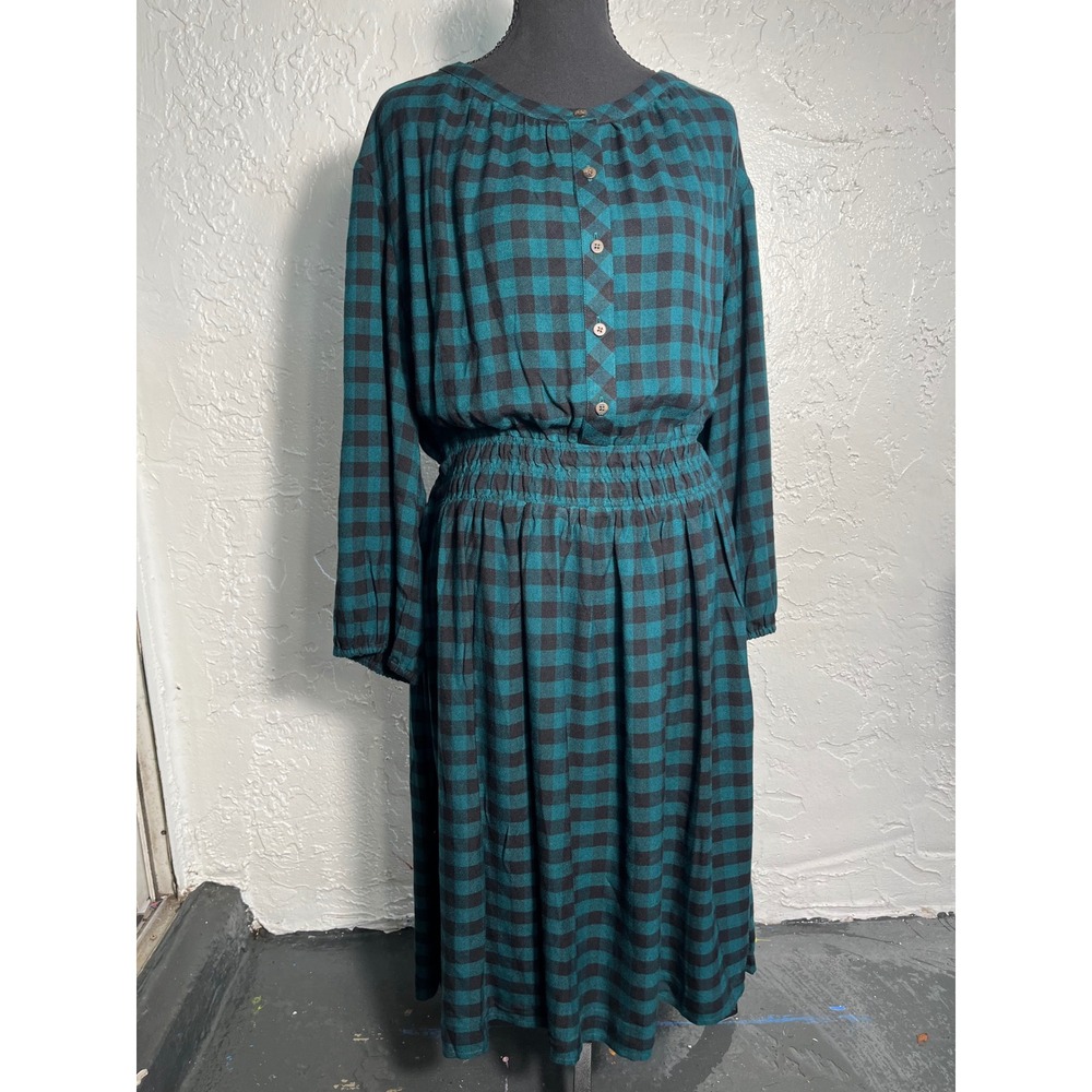J.Jill NWT Tahiti Plaid Midi Dress 2X Teal Black Button Front Cottagecore